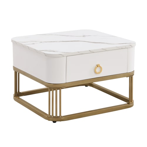 Nestable Coffee Table High Gloss Marble Exterior, Gold Accents, Side Table With Drawer. Set Of Two view 14