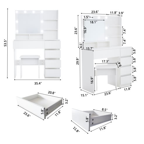 Vanity, Makeup Vanity Desk Set With Mirror & Light, Dressing Table Storage Lots With Power Strip, 3 Lighting Modes With Adjustable Brightness, 37 Inches White With Stool view 1