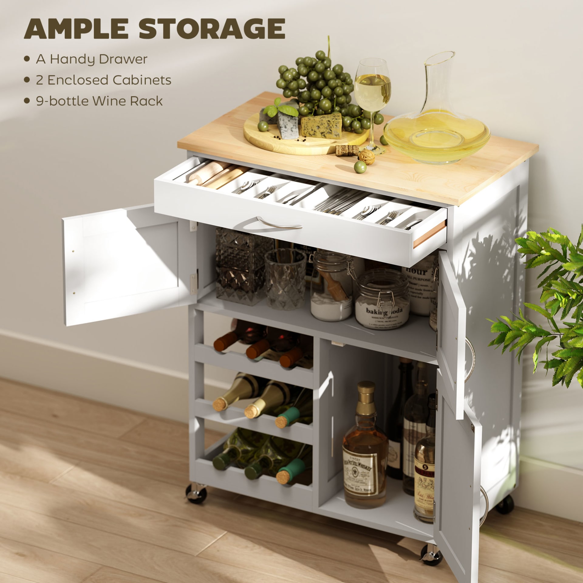 Rolling Kitchen Cart, White, Island With Storage Drawer, 9-Bottle Wine Rack, Door Cabinets, Wooden Countertop view 7