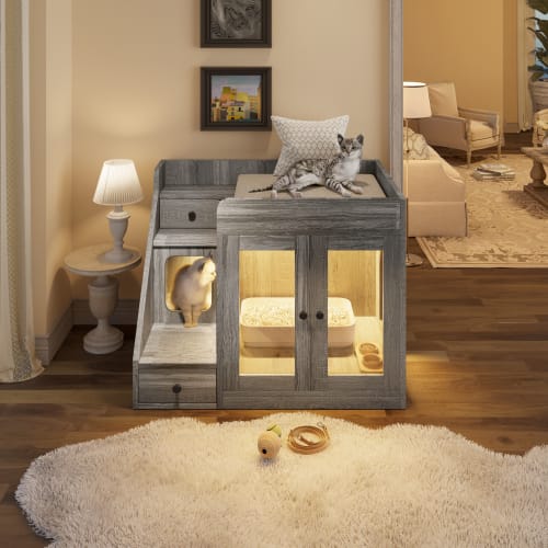 GO Cat Litter Box Enclosure With Light , Hidden Litter Box Furniture With 2 Storage Drawers, Indoor Cat House Side Table For Living Room view 2