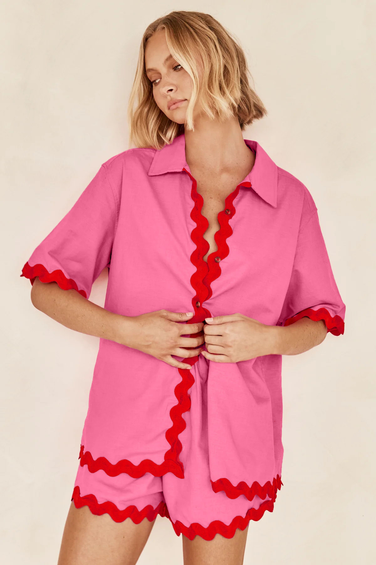 2Pcs Summer Shirt Suit With Short-sleeved V-neck Shirt And Shorts Fashion Wave Print Suits For Womens Clothing view 8