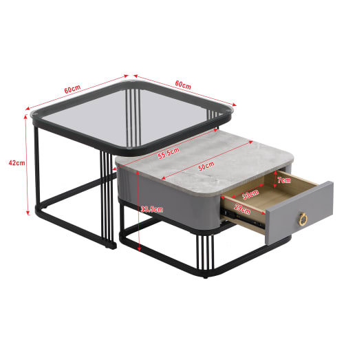 Nestable Coffee Table High Gloss Marble Exterior, Gold Accents, Side Table With Drawer. Set Of Two view 33