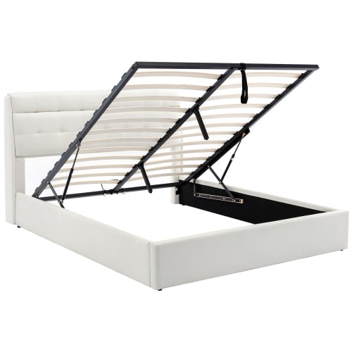 Fashion Upholstered Bed,150x200  5ft, King Bed,Hydraulic Bed,Concealed Headboard Storage,Bed Box Storage,PU,With Slats And Headboard,Without Mattress,Cream White view 6