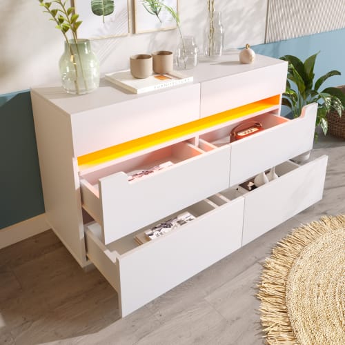 Sideboard Cabinet Dresser With 6 Drawers,Storage With RGB LED App Control, Sideboard With Cut-out Handles, 6-drawers Chest Of Drawers, 71 X 120 X 40 Cm, White view 9