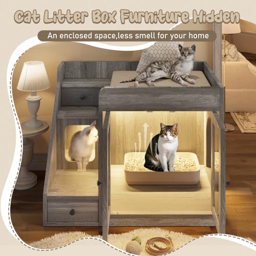 GO Cat Litter Box Enclosure With Light , Hidden Litter Box Furniture With 2 Storage Drawers, Indoor Cat House Side Table For Living Room view 14