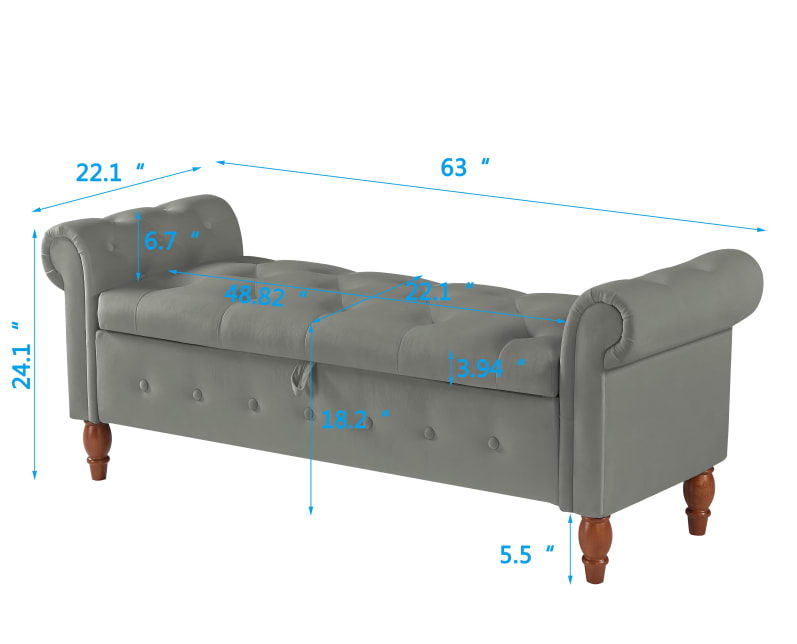 Velvet Multifunctional Storage Rectangular Sofa Stool - Grey view 7