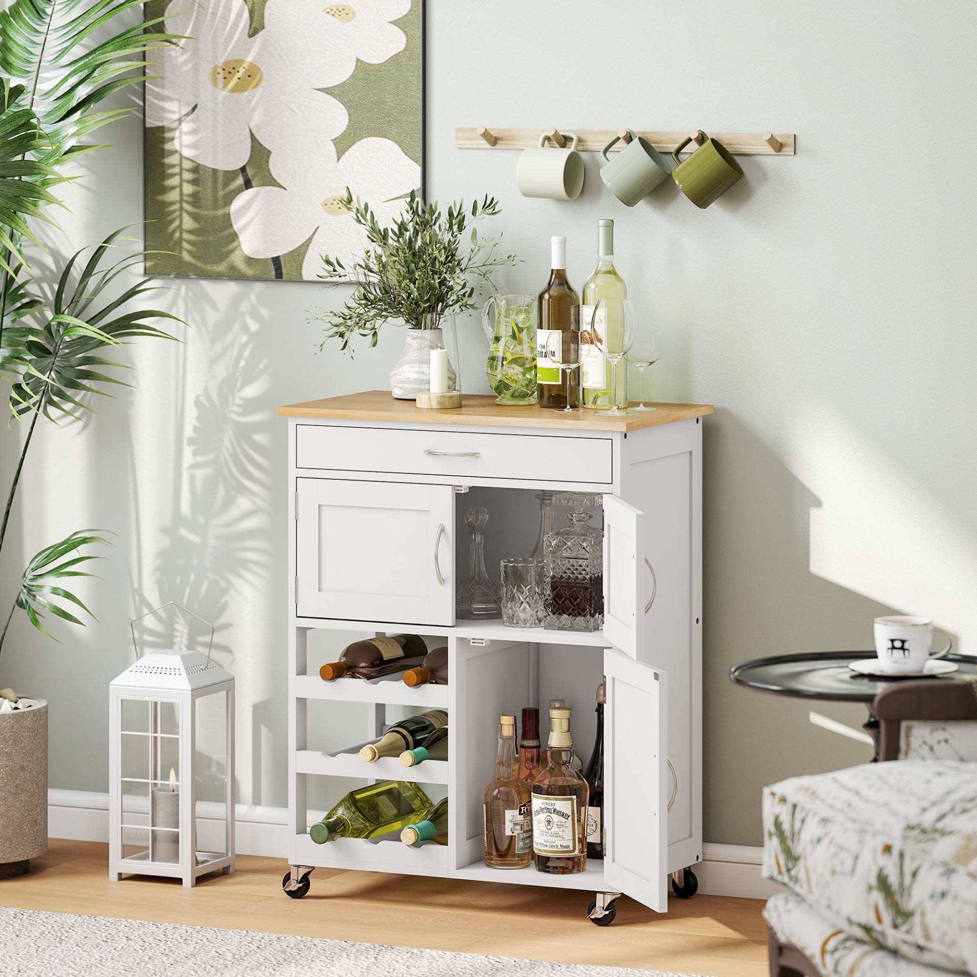 Rolling Kitchen Cart, White, Island With Storage Drawer, 9-Bottle Wine Rack, Door Cabinets, Wooden Countertop view 5
