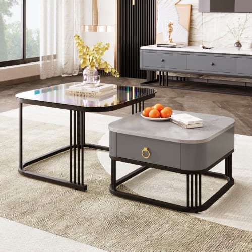 Nestable Coffee Table High Gloss Marble Exterior, Gold Accents, Side Table With Drawer. Set Of Two view 15
