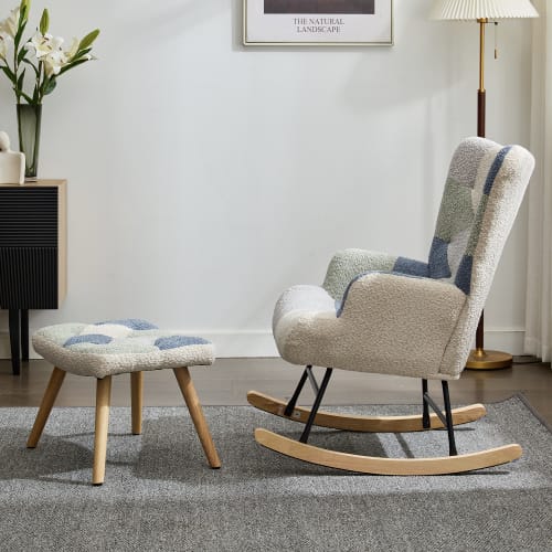 Rocking Chairs For Adults, Tteddy Rocking Chair Relaxing Recliner Chair With Solid Wood Legs High Back Lounge Chairs For Balcony Living Room Bedroom view 9