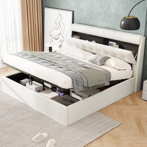 Fashion Upholstered Bed,150x200  5ft, King Bed,Hydraulic Bed,Concealed Headboard Storage,Bed Box Storage,PU,With Slats And Headboard,Without Mattress,Cream White view 3