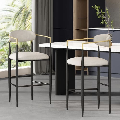 Barstools Set Of 2, Counter Height Upholstered Bar Stools With Back For Kitchen Island, Beige Faux PU Leather Seating Black Iron Legs 260LBS Weight Capacity