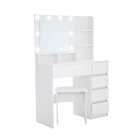 Vanity, Makeup Vanity Desk Set With Mirror & Light, Dressing Table Storage Lots With Power Strip, 3 Lighting Modes With Adjustable Brightness, 37 Inches White With Stool view 2
