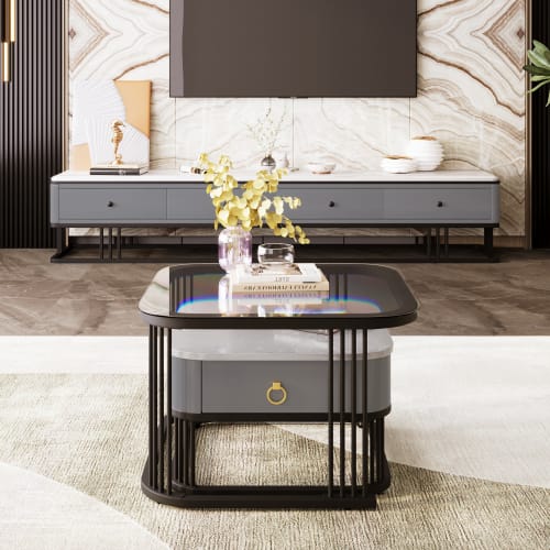 Nestable Coffee Table High Gloss Marble Exterior, Gold Accents, Side Table With Drawer. Set Of Two view 31