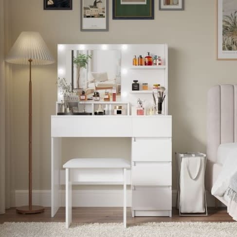 Vanity, Makeup Vanity Desk Set With Mirror & Light, Dressing Table Storage Lots With Power Strip, 3 Lighting Modes With Adjustable Brightness, 37 Inches White With Stool view 4