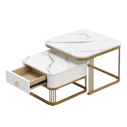 Nestable Coffee Table High Gloss Marble Exterior, Gold Accents, Side Table With Drawer. Set Of Two view 2