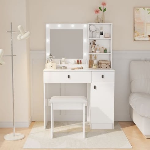 Vanity Desk With Lights, Vanity Set With Mirror, Makeup Vanity Desk With Large Drawers  Three Level Storage Dreeser, VanitysVanities With 3 Lights Brightness Adjustable For Bedroom, White view 5
