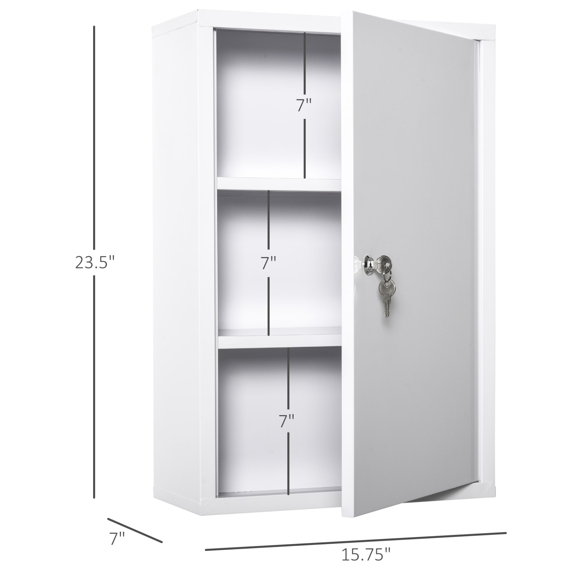 Kleankin Medicine Cabinet Steel Wall Mount 24x16 3-Tier Storage Lockable White view 1
