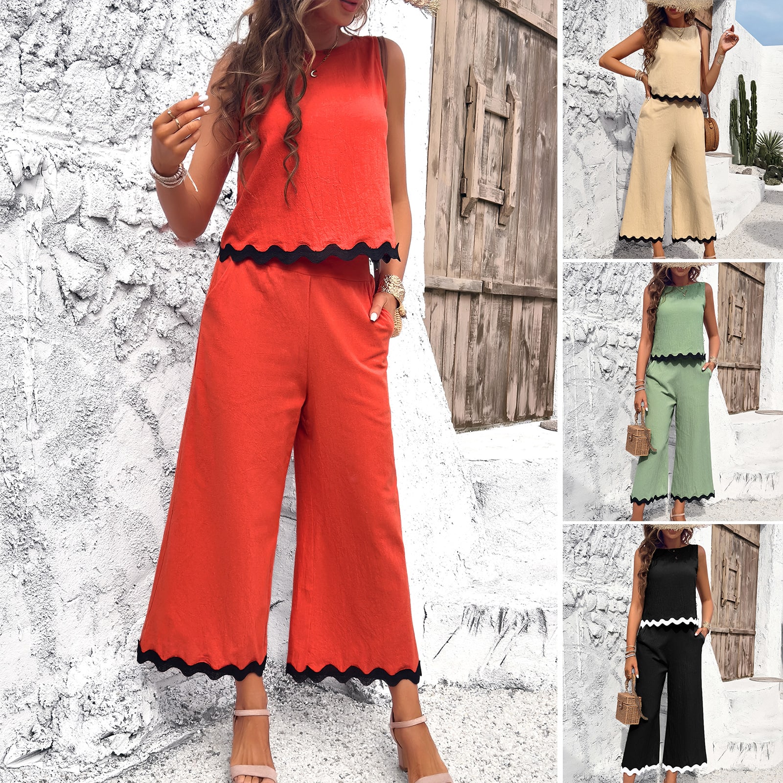 Summer Wave Print Suit Sleeveless Top And Straight Trousers Fashion Casual Solid Color 2pcs Set For Womens Clothing view 3