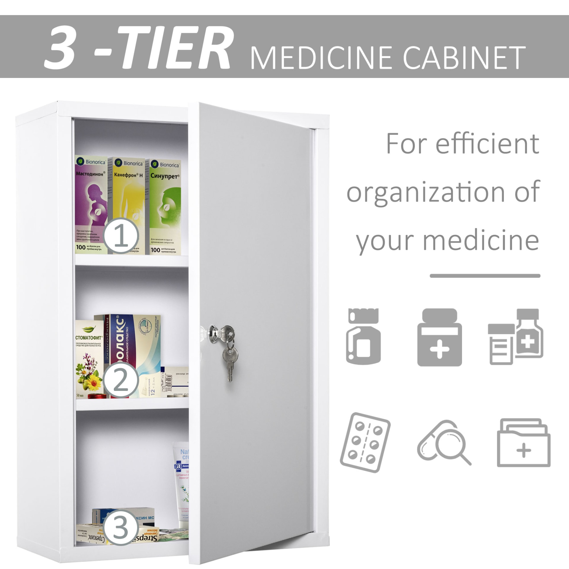 Kleankin Medicine Cabinet Steel Wall Mount 24x16 3-Tier Storage Lockable White view 5