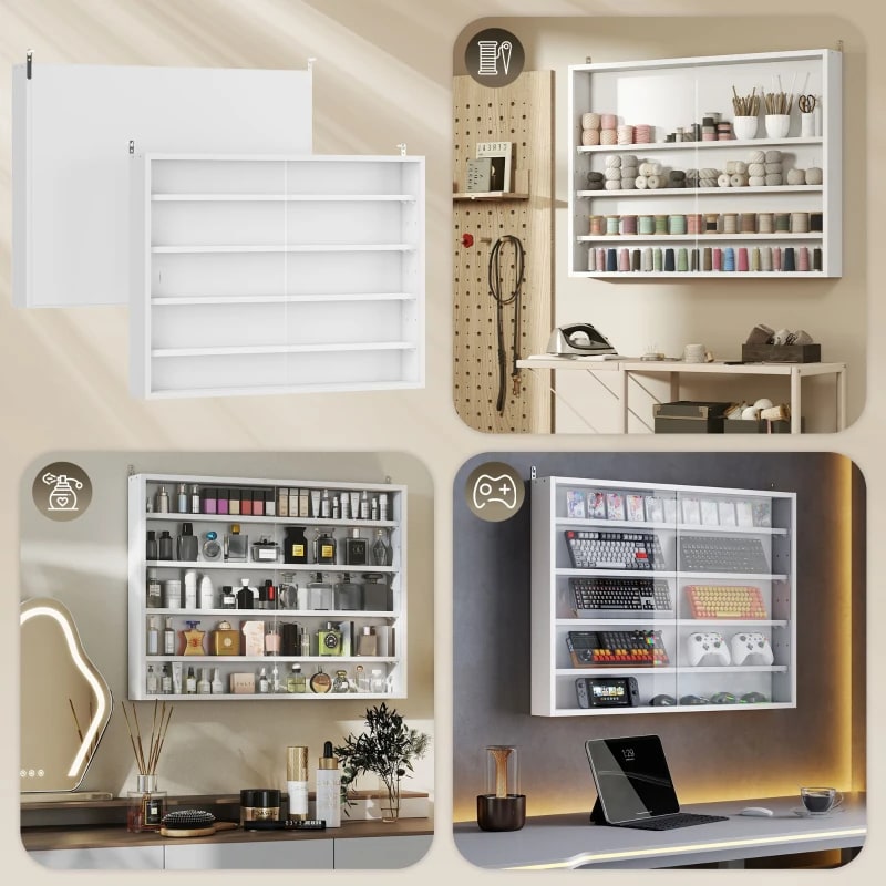5-Tier Display Cabinet, Wall-Mounted Display Case With 2 Glass Doors And Adjustable Shelves, White view 7