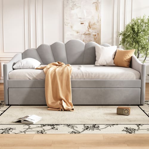 Upholstered Bed, 3FT Single Bed 90x190cm, Bottom With Trundle Bed 90x190cm, Daybed Sofa Bed, Youth Bed, For Adults & Teenagers, Easy Assembly, Velvet, Grey view 6