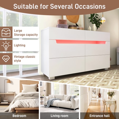 Sideboard Cabinet Dresser With 6 Drawers,Storage With RGB LED App Control, Sideboard With Cut-out Handles, 6-drawers Chest Of Drawers, 71 X 120 X 40 Cm, White view 4