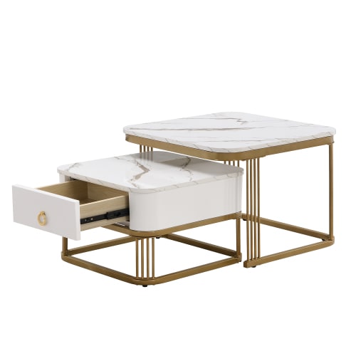 Nestable Coffee Table High Gloss Marble Exterior, Gold Accents, Side Table With Drawer. Set Of Two view 23