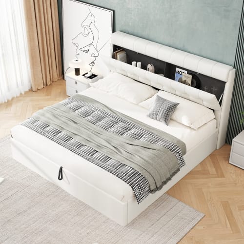 Fashion Upholstered Bed,150x200  5ft, King Bed,Hydraulic Bed,Concealed Headboard Storage,Bed Box Storage,PU,With Slats And Headboard,Without Mattress,Cream White view 14