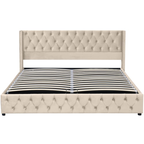 Upholstered Bed, With Hydraulic Lever, Functional Bed From Storage, 150 X 200 Cm, Without Mattress, Velvet, Beige view 11