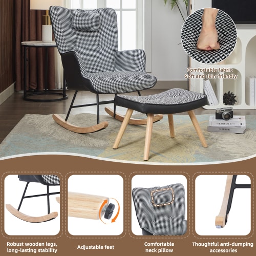 Rocking Chairs For Adults, Tteddy Rocking Chair Relaxing Recliner Chair With Solid Wood Legs High Back Lounge Chairs For Balcony Living Room Bedroom view 35
