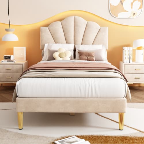 Velvet Upholstered Bed,Single Bed-3ft 90x190cm, Shell-like Bed With Golden Iron Legs, Wooden Slatted Frame, Upholstered Bench With Storage Space 90x40x42cm view 17