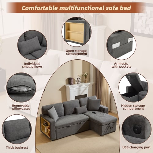 Corner Sofa Bed Corner Couch L-Shaped Sofa Bed Extendable, Bed Box And Integrated Shelf,