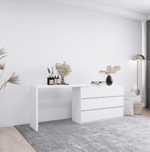 Extended Desktop 6 Drawers Chest Of Drawer Without Handle White Color Vanity view 2