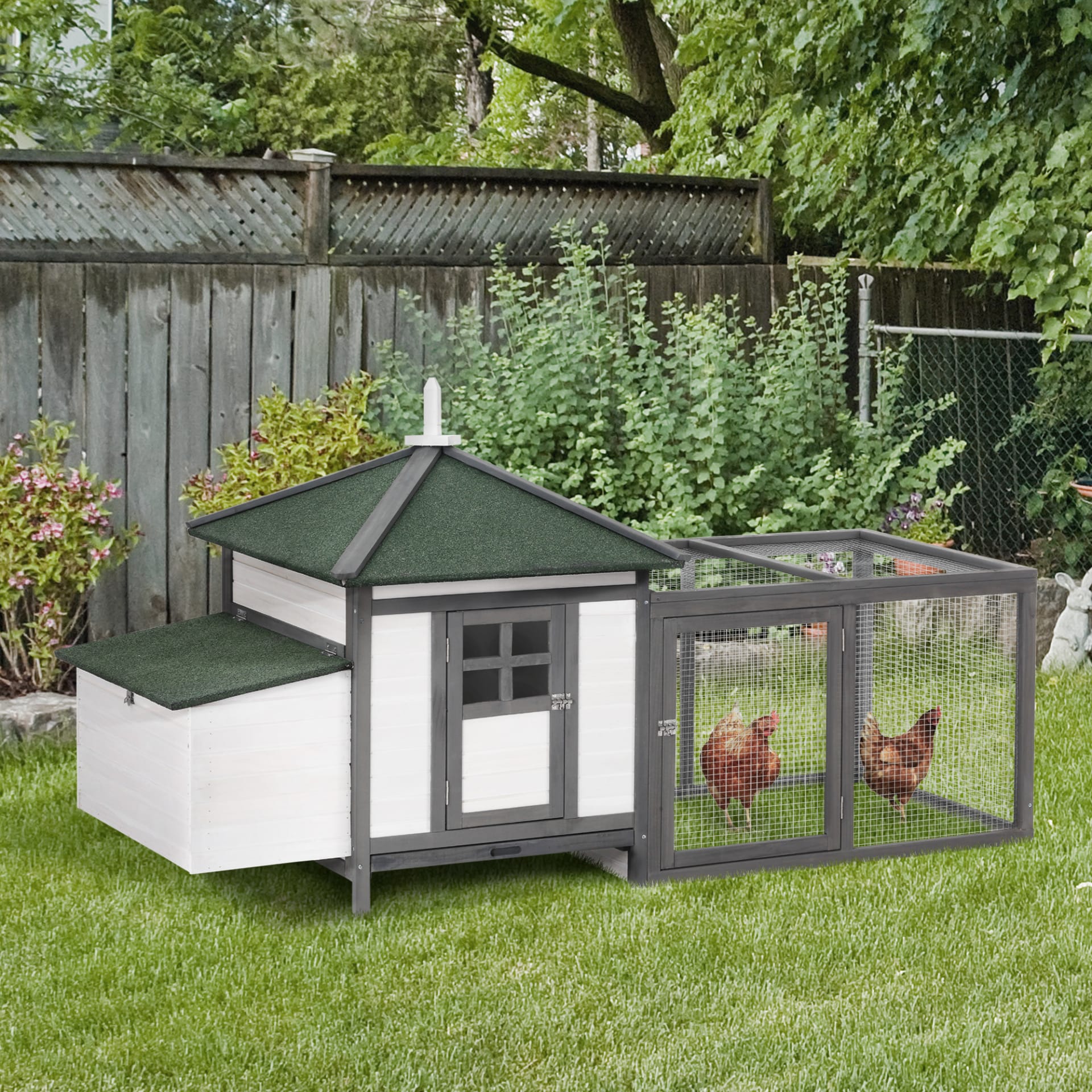 Wooden Chicken Coop 77 Inch With Weatherproof Roof Nesting Box Enclosed Run Removable Tray Outdoor Gray view 3