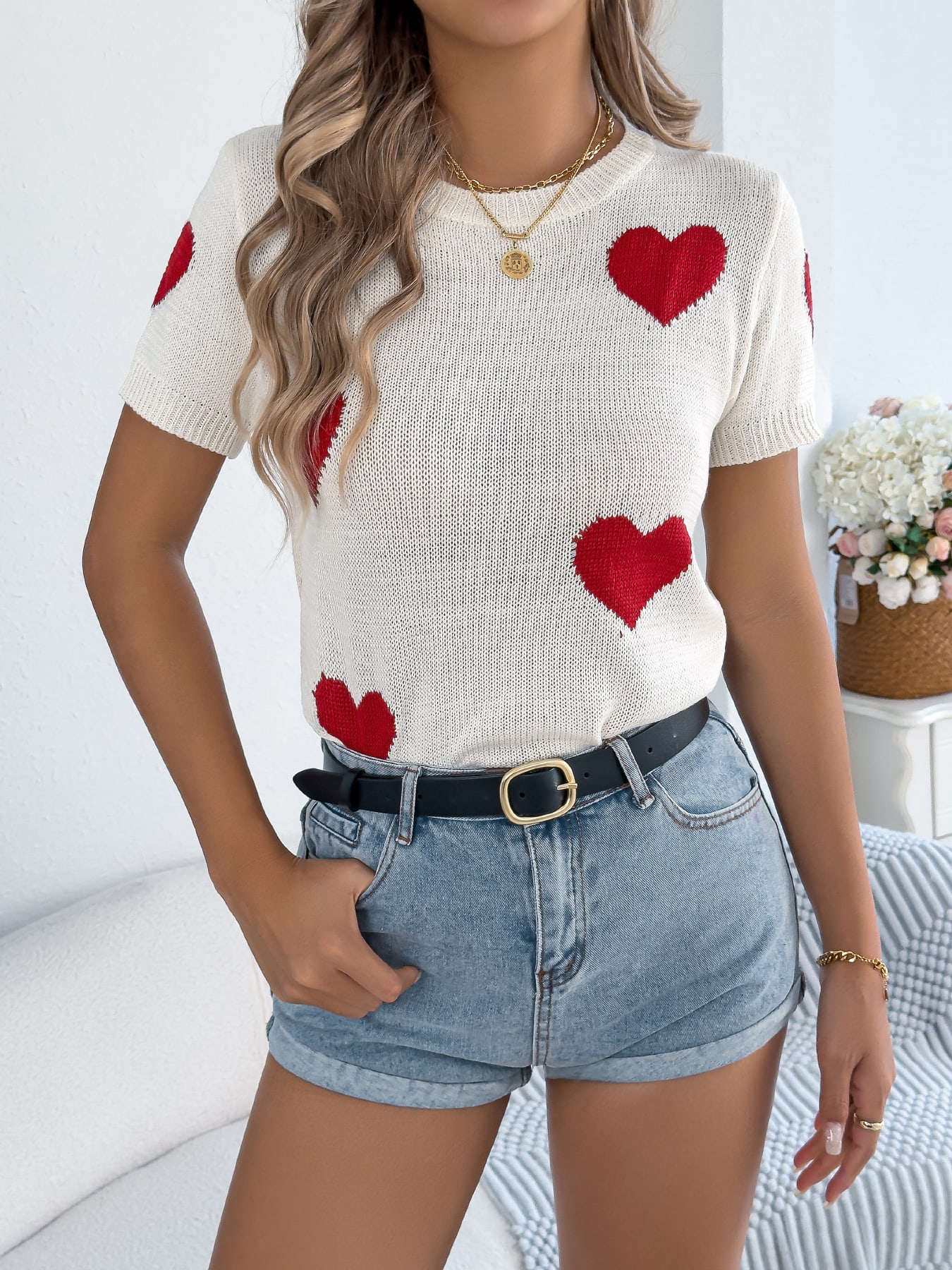 Women S Casual Color Block Heart Short Sleeve Knit Valentine S Top view 4