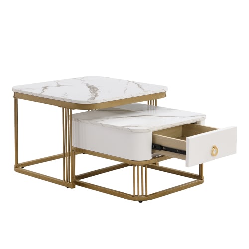 Nestable Coffee Table High Gloss Marble Exterior, Gold Accents, Side Table With Drawer. Set Of Two view 11