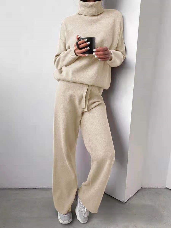 Casual Fashion Suits For Women Turtleneck Sweater And Drawstring Straight Pants view 4