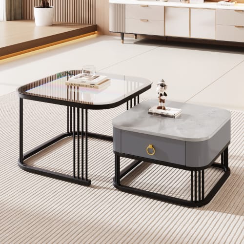 Nestable Coffee Table High Gloss Marble Exterior, Gold Accents, Side Table With Drawer. Set Of Two view 4