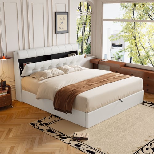 Fashion Upholstered Bed,150x200  5ft, King Bed,Hydraulic Bed,Concealed Headboard Storage,Bed Box Storage,PU,With Slats And Headboard,Without Mattress,Cream White view 15
