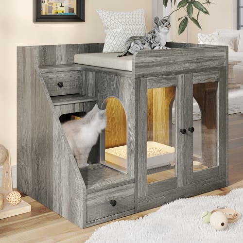 GO Cat Litter Box Enclosure With Light , Hidden Litter Box Furniture With 2 Storage Drawers, Indoor Cat House Side Table For Living Room view 4