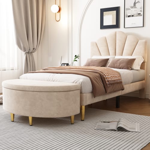 Velvet Upholstered Bed,Single Bed-3ft 90x190cm, Shell-like Bed With Golden Iron Legs, Wooden Slatted Frame, Upholstered Bench With Storage Space 90x40x42cm view 7