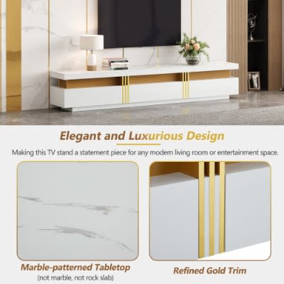 Luxury TV Stand With Faux Marble Top, TV Cabinet Golden Panel Design, And 3 Drawers For Televisions Up To 89'', Rectangle Media Console, Practical Entertainment Center For Living Room, White view 2