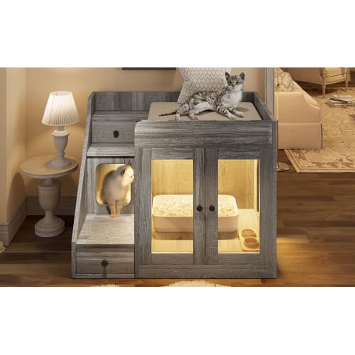 GO Cat Litter Box Enclosure With Light , Hidden Litter Box Furniture With 2 Storage Drawers, Indoor Cat House Side Table For Living Room view 3