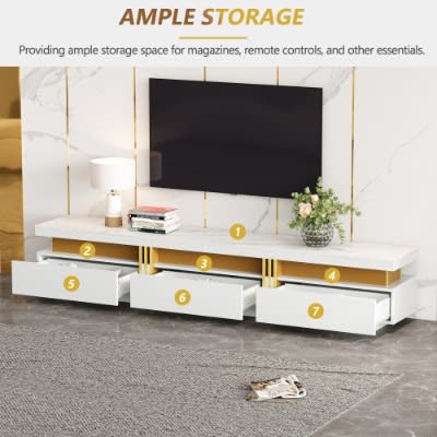Luxury TV Stand With Faux Marble Top, TV Cabinet Golden Panel Design, And 3 Drawers For Televisions Up To 89'', Rectangle Media Console, Practical Entertainment Center For Living Room, White view 3
