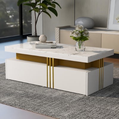 Modern White Rectangular Coffee Table With Marble Pattern Triamine Board Top And 2 Wooden Drawers, Living Room Table, 100x50x40cm view 8