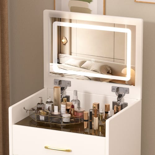 3 In 1 Vanity Desk With Open Top Mirror,Small Make Up Vanity Set With Visible Glass Desktop,Compact Makeup Vanity With 3 Drawers,Dressing Table For Bedroom view 12