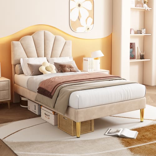 Velvet Upholstered Bed,Single Bed-3ft 90x190cm, Shell-like Bed With Golden Iron Legs, Wooden Slatted Frame, Upholstered Bench With Storage Space 90x40x42cm view 1