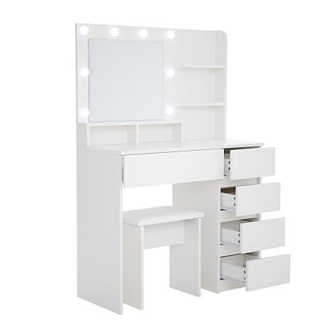 Vanity, Makeup Vanity Desk Set With Mirror & Light, Dressing Table Storage Lots With Power Strip, 3 Lighting Modes With Adjustable Brightness, 37 Inches White With Stool view 7