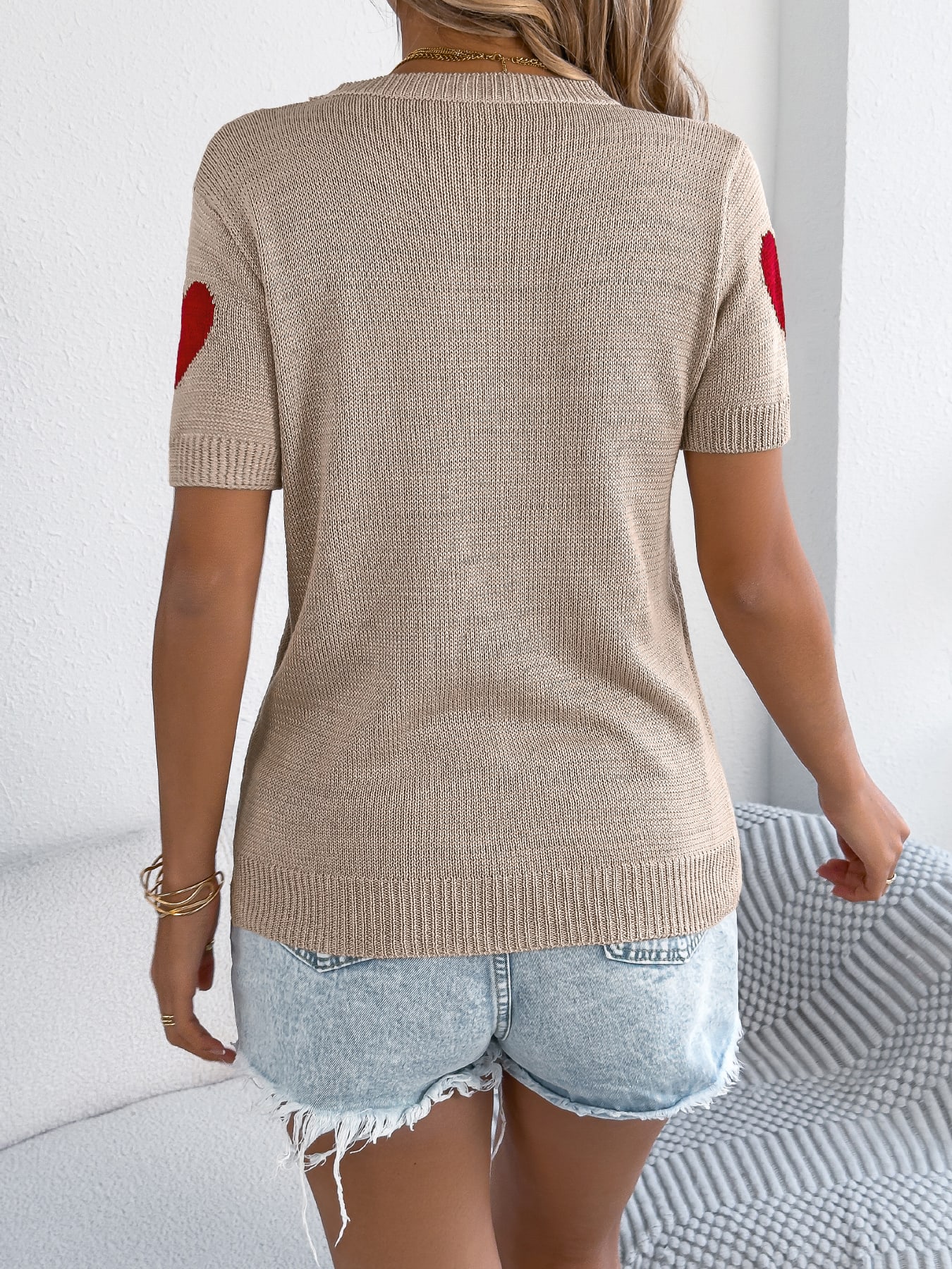 Women S Casual Color Block Heart Short Sleeve Knit Valentine S Top view 12
