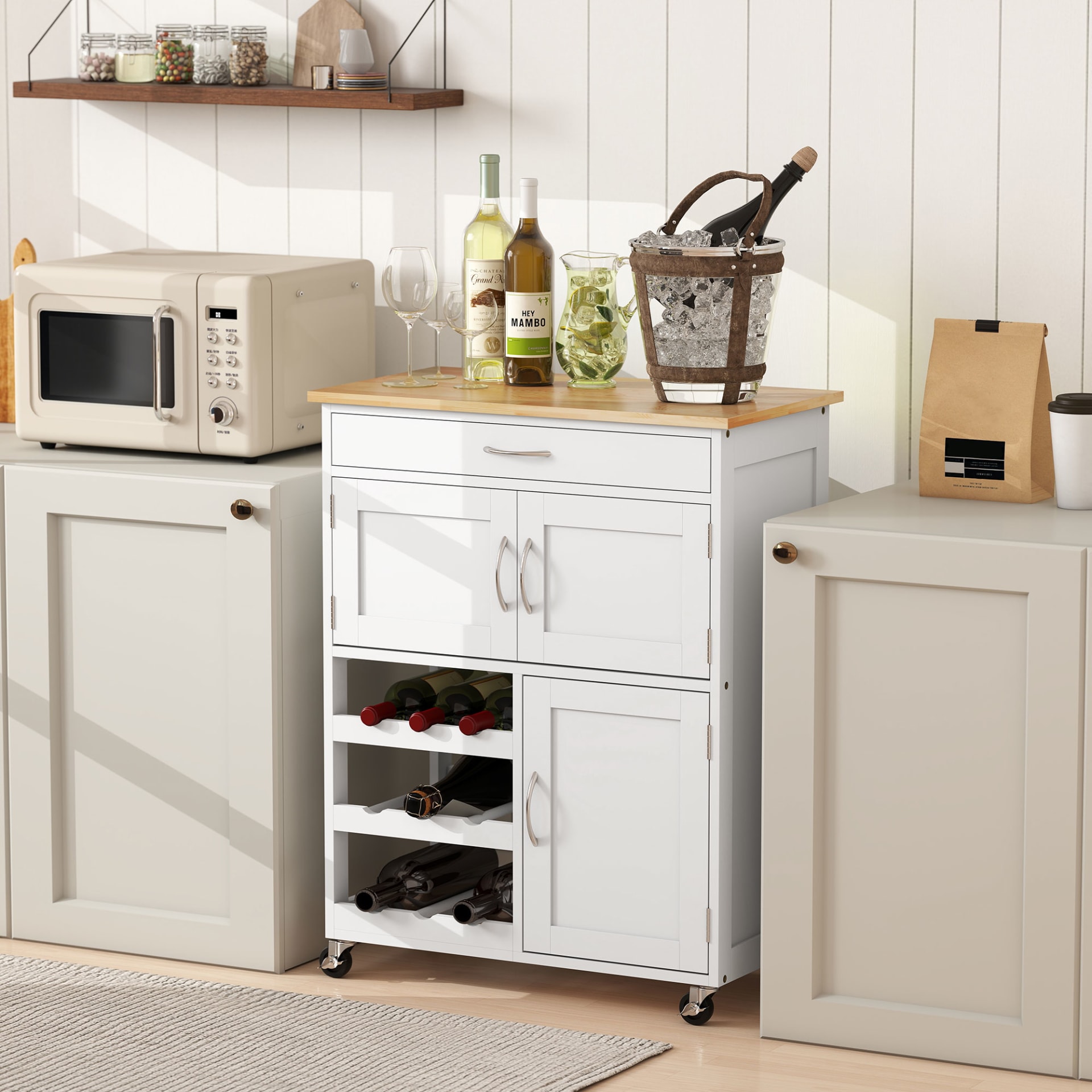 Rolling Kitchen Cart, White, Island With Storage Drawer, 9-Bottle Wine Rack, Door Cabinets, Wooden Countertop view 8